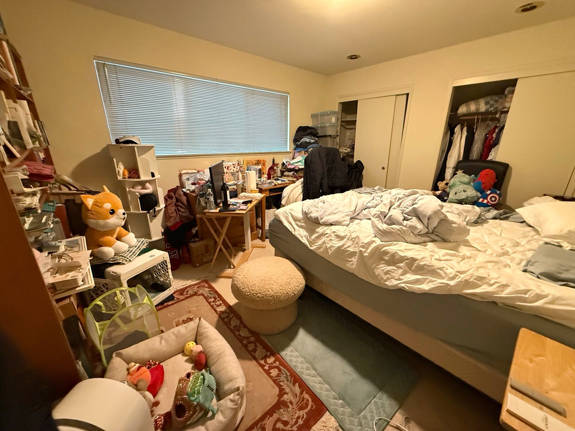 Before: Bedroom with unmade bed and items across the floor before a deep clean