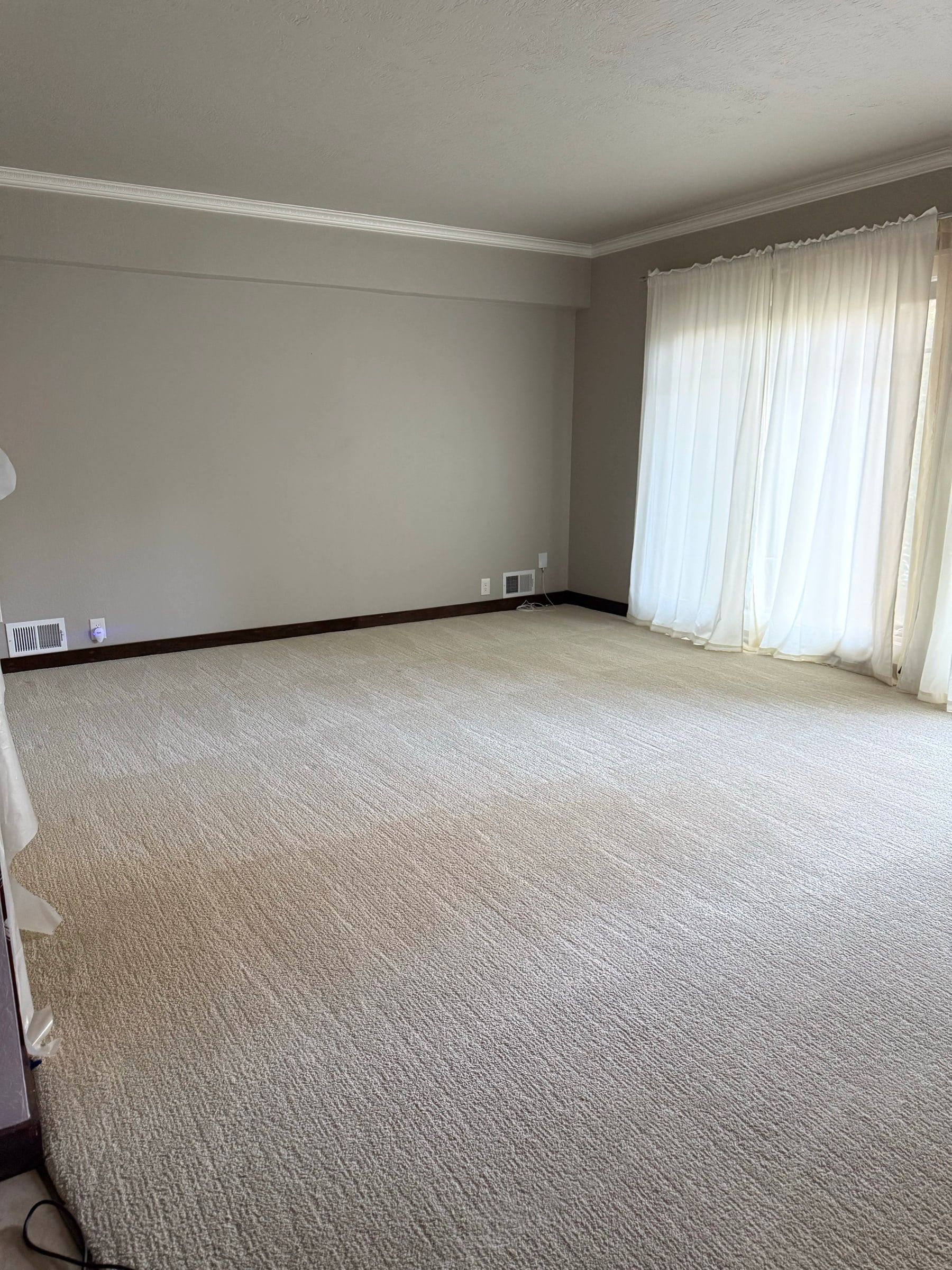 Empty carpeted living room vacuumed in clean lines, ready for move-in